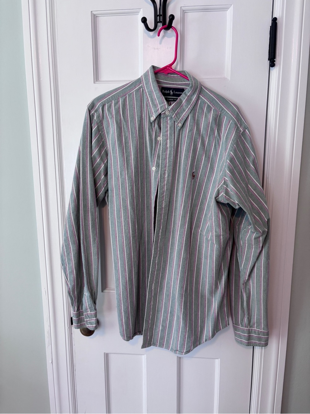 Ralph Lauren Mint Green and White Stripe Button-Down Shirt with Pink Accents